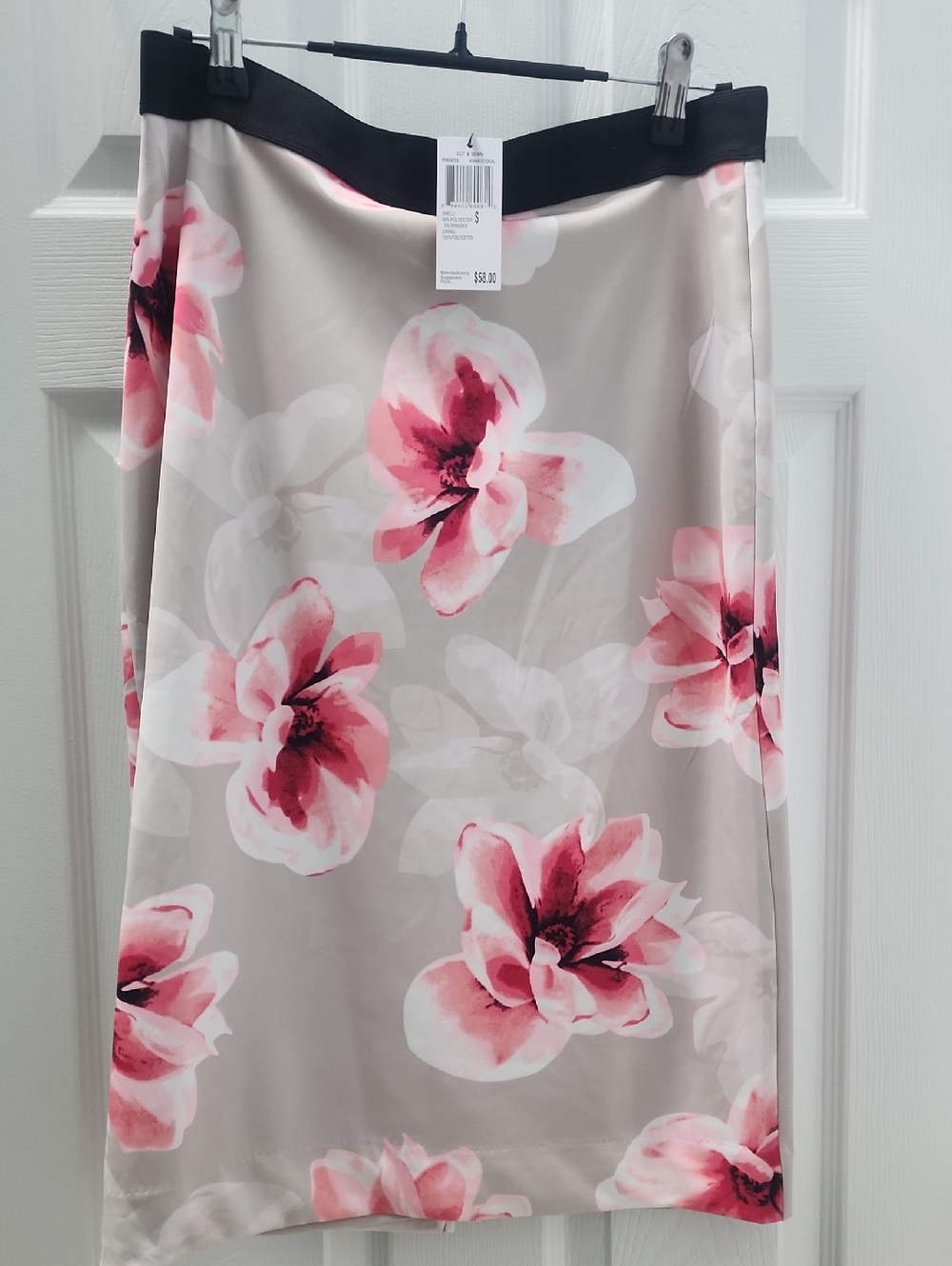 Premise Floral Pencil Skirt in Pink and Gray with Black Waistband